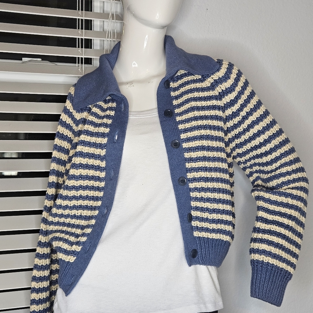 THE GREAT. Blue and Cream Striped Cardigan